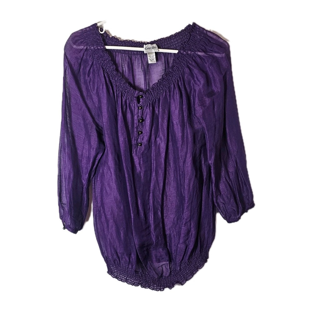 Chico's Womens 1 Medium Sheer‎ Silk Linen Blend Purple Blouse Top Elegant EUC